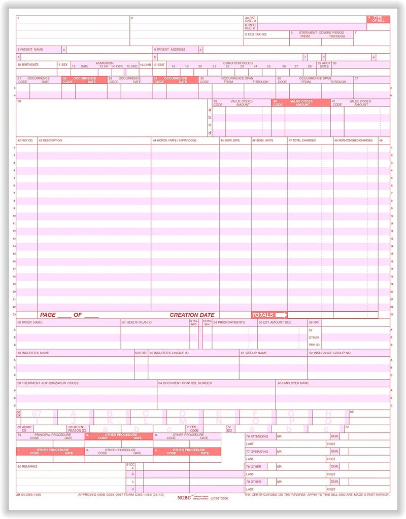 UB-04 Hospital Claim Form | Laser Cut | Insurance Claim Form | Pack of 2500